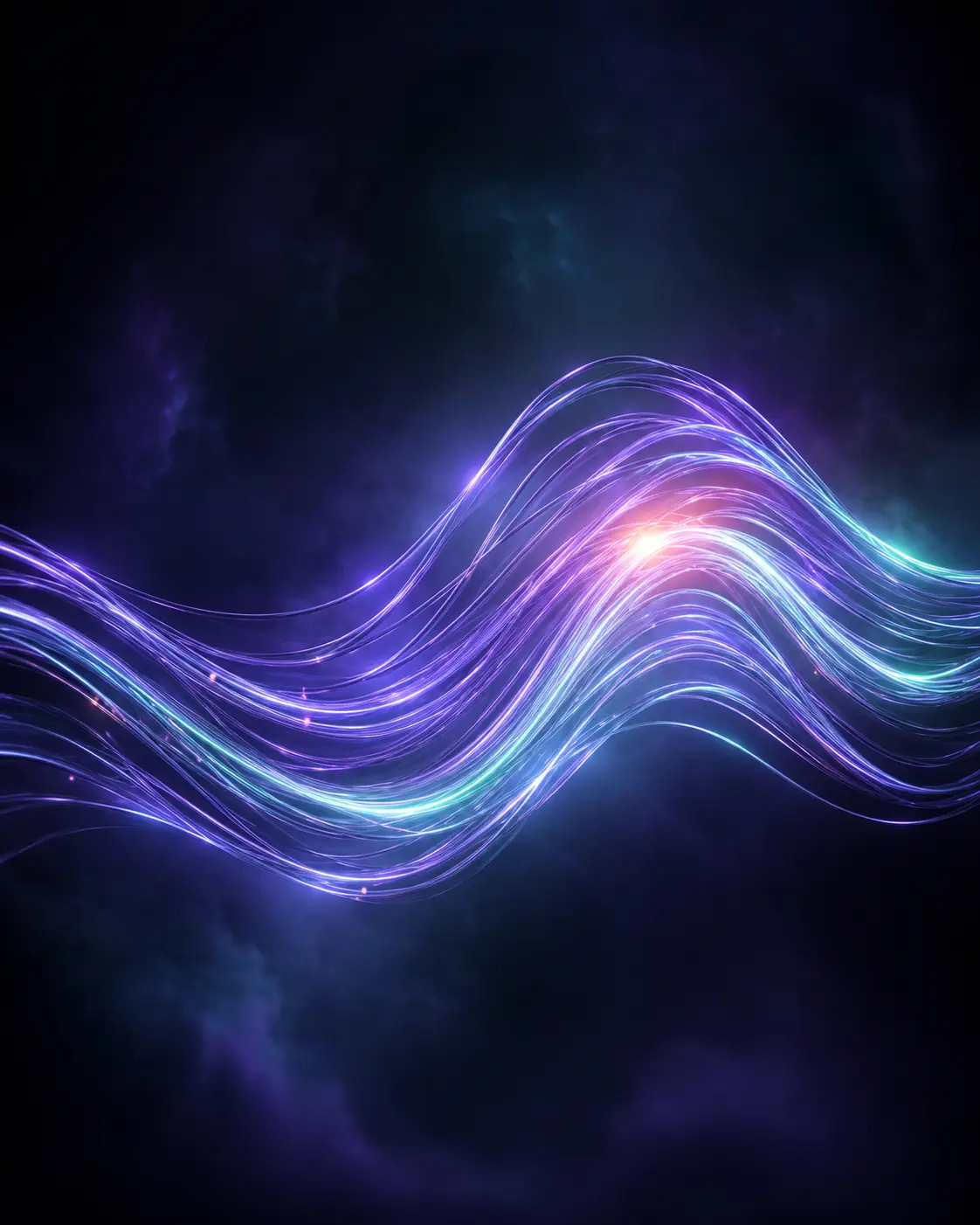 Leuchtende violette und mintfarbene Klangwelle auf tiefdunklem Hintergrund